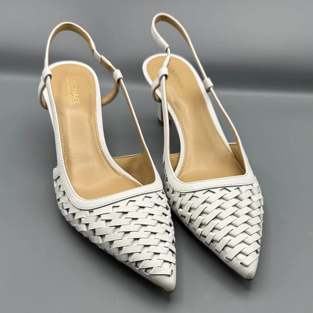Michael Kors White Woven Pointed-Toe Slingback Heels